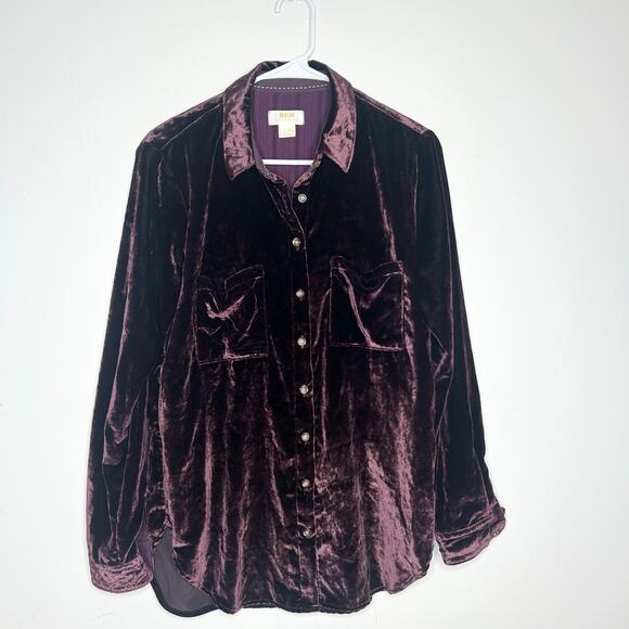 Maeve Anthropologie Katrina Burgundy Velvet Button Up Shirt - Picture 2 of 6